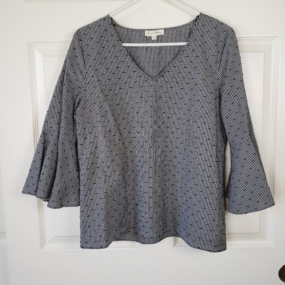 Jane & Delancey 100% Cotton Gingham Plaid 3/4 Bell Sleeve Blouse Size M